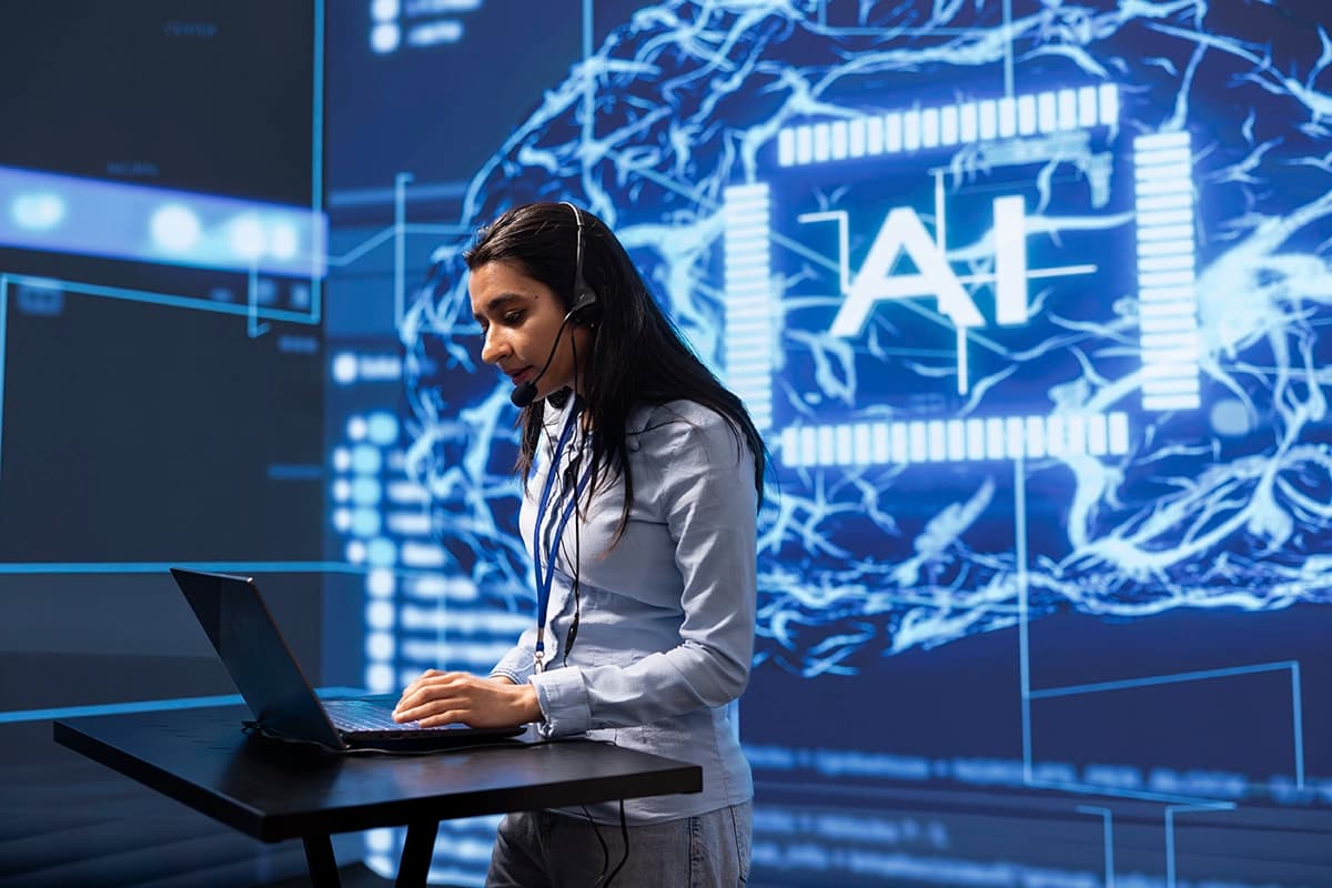 Technician in AI High Tech Workspace Managing Call