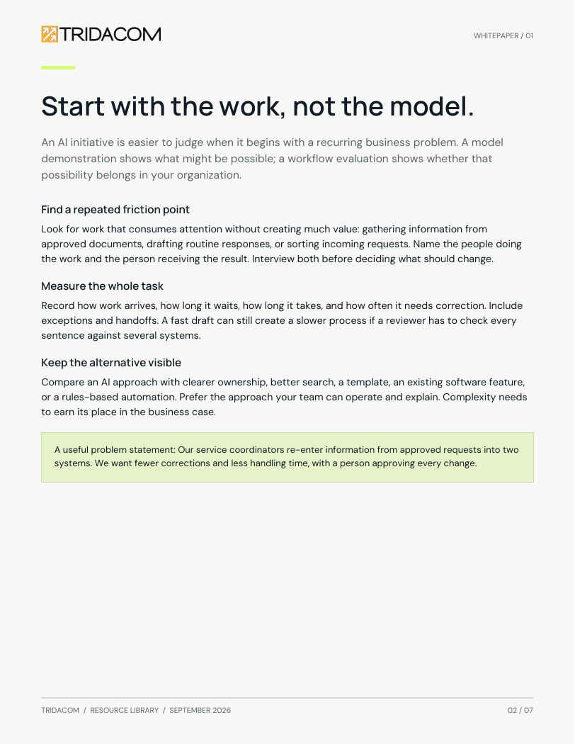 Sample page from Where AI earns its place. Compare three ways to improve a workflow. Enlarge to read the worksheet.