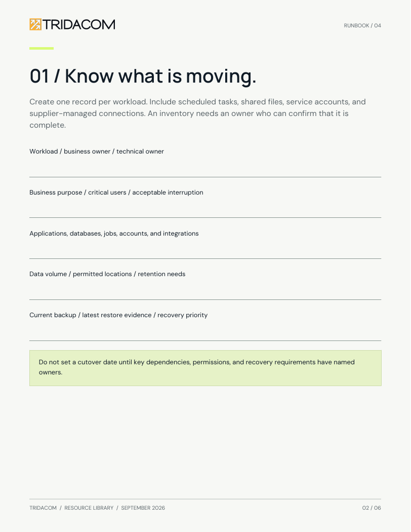 Sample page from Move to the cloud with a plan. Document dependencies and readiness. Enlarge to read the worksheet.