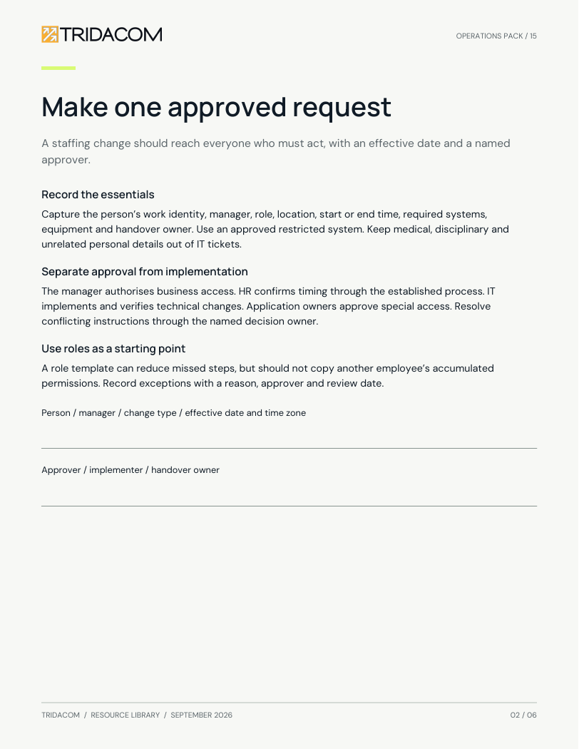 Sample page from Give people the right start and finish. One request and approval record. Enlarge to read the worksheet.