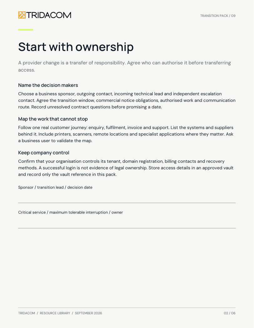 Sample page from Change IT providers with confidence. An ownership and dependency register. Enlarge to read the worksheet.