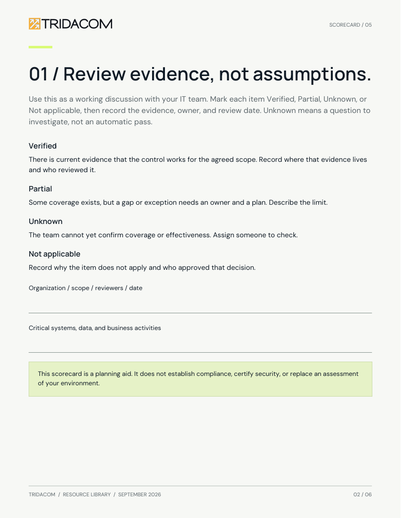 Sample page from Know your IT security foundations. Record evidence behind each answer. Enlarge to read the worksheet.