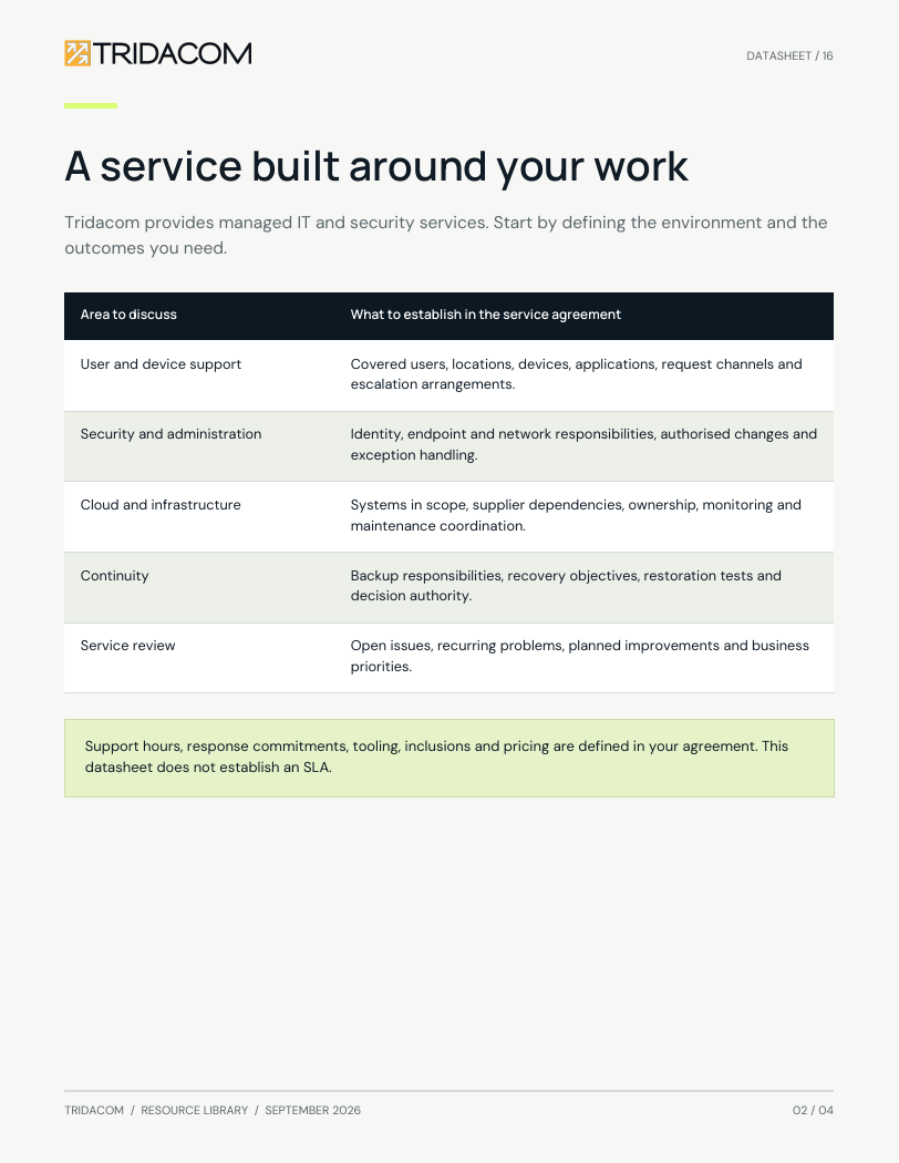 Sample page from Managed IT, clearly scoped. The areas to include in your service brief. Enlarge to read the worksheet.