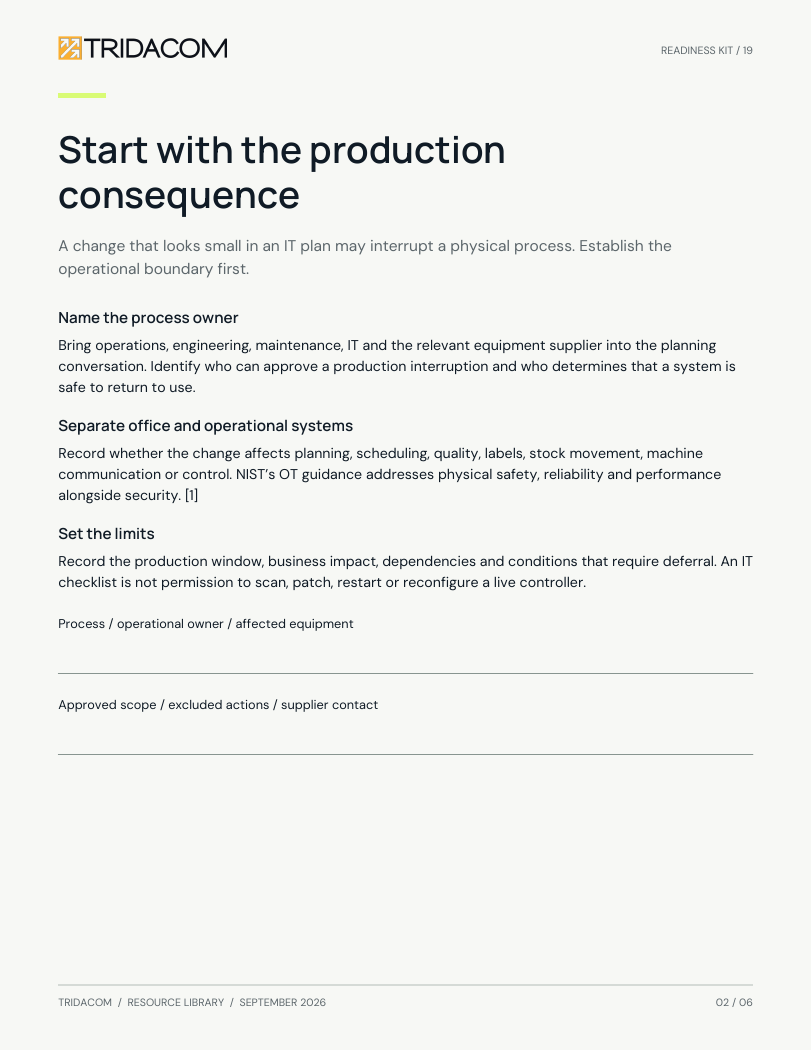 Sample page from Plan change around production. An office-to-production dependency map. Enlarge to read the worksheet.
