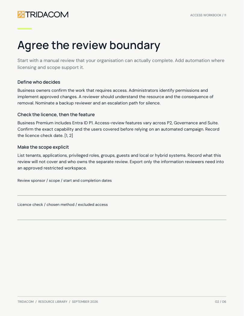 Sample page from Make access a deliberate decision. A review scope beyond user accounts. Enlarge to read the worksheet.