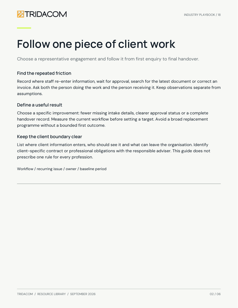 Sample page from Make client work easier to deliver. A client-workflow review. Enlarge to read the worksheet.