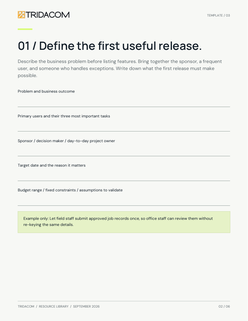 Sample page from A better software project brief. Separate essential workflows from later ideas. Enlarge to read the worksheet.