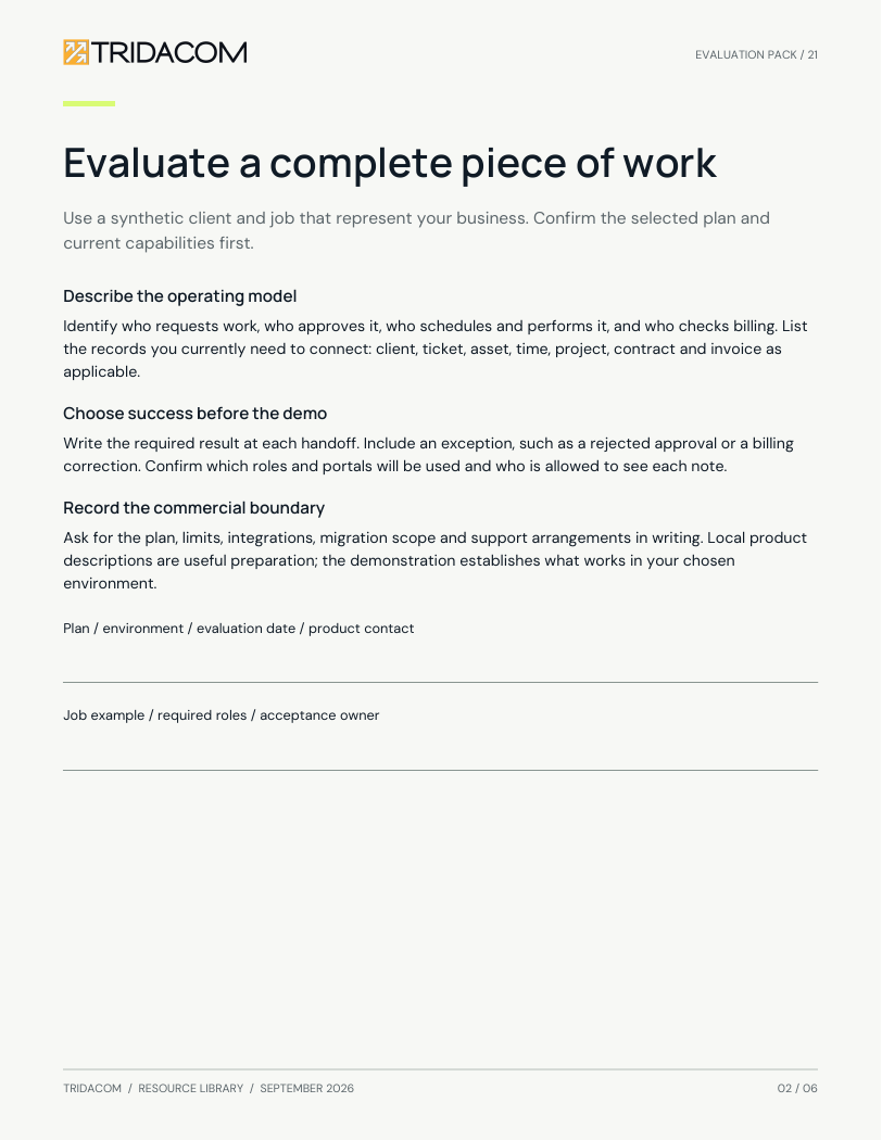 Sample page from Follow one job through Solidlio. One end-to-end demonstration script. Enlarge to read the worksheet.